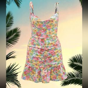 Floral Print Draped Ruched Ruffle Hem Tie Shoulder